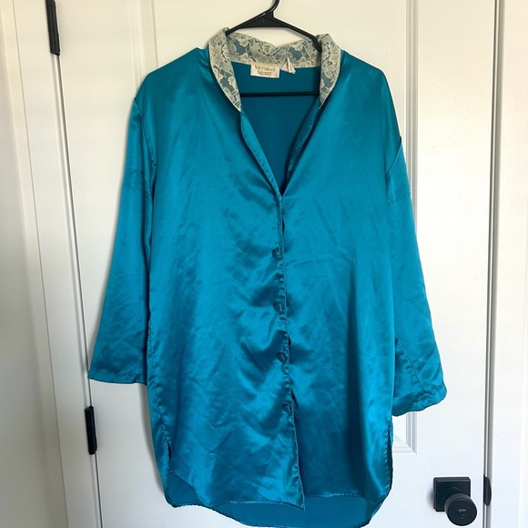 Vintage Victoria's Secret Turquoise Satin Sleep Dress with Lace Collar Small - Picture 1 of 3